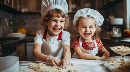Happy family with two funny kids baking cookies in the kitchen , creative and happy childhood doing manual activities - obrazy, fototapety, plakaty