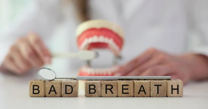 Dntist brushes teeth of artificial human jaw model and says bad breath. Halitosis and bad breath