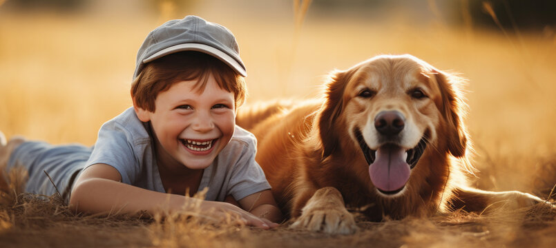 Banner Of A Happy Child Boy Playing With A Dog Close-up Portrait View