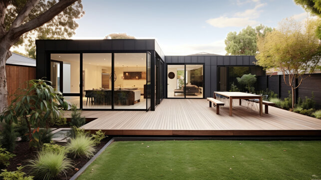 The renovation of a modern home extension includes the addition of a deck, patio, and courtyard area.