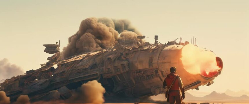 Man standing in front of exploding crushed spaceship laying on planet surface. Anamorphic 4k footage