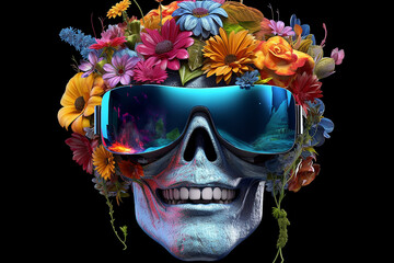 A skull in virtual reality glasses, colorful flowers around. The concept of the future is virtual reality. .