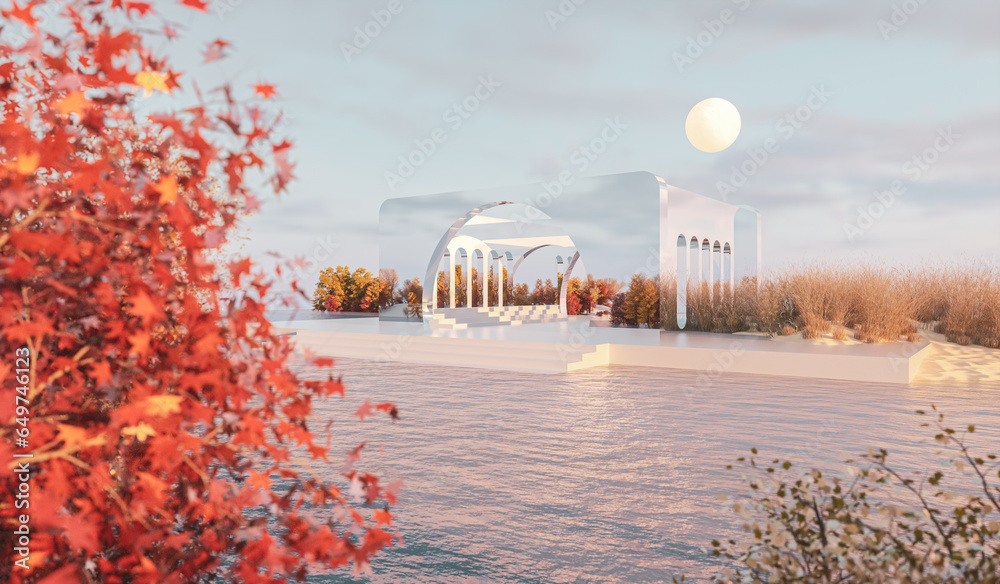 Fototapete Abstract Autumn scene with mirror architecture reflect Autumn forest. 3d rendering.