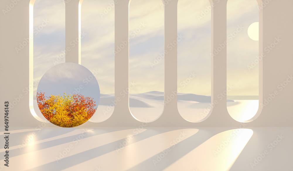 Poster Abstract Autumn scene with mirror reflect Autumn forest. 3d rendering.