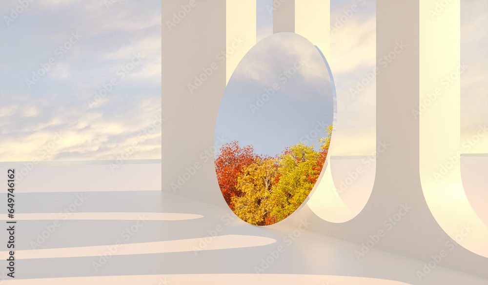 Aufkleber Abstract Autumn scene with mirror reflect Autumn forest. 3d rendering.