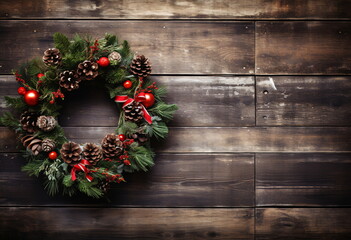 Christmas wreath on a rustic wooden wall - AI Generated - Powered by Adobe