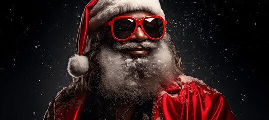 Groovy Christmas: Merry Image with a Playful Black Santa in Shades, Captured in Energetic Realistic Portraits ( red isolated background)