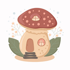 Fly agaric house with plants. Fantasy mushroom house. Flat vector illustration on white background.