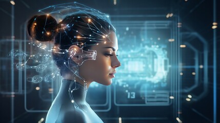 In this image, a woman is using a neural interface device for computing, highlighting advancements in biotechnology and the onset of the singularity, the future of brain-computer interaction