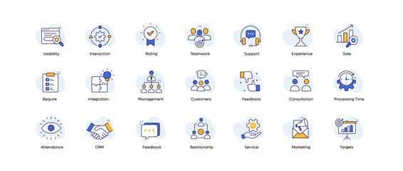 Customer Relationship Management Vector Icons.CRM Icons: Sales, Management, Ratings, Targets, Marketing, and More.
