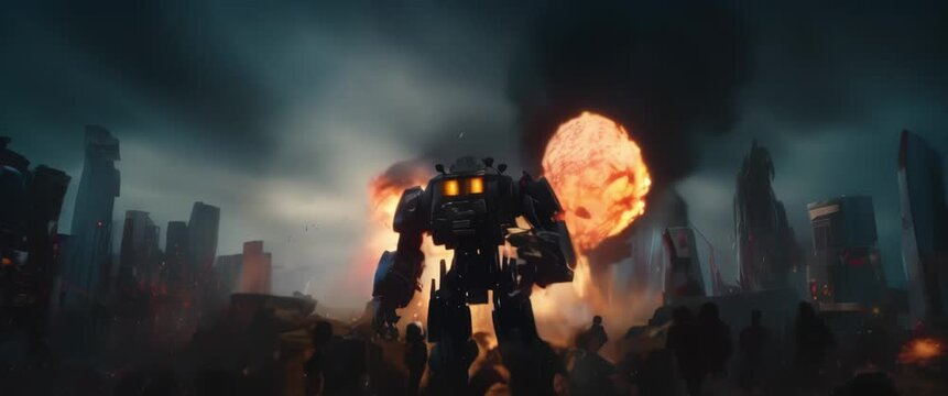 Futuristic big robot battle with burning city on a background. High quality 4k footage
