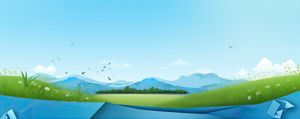 Obraz premium Eco green paper texture landscape. Blue sky and green grass wide banner. copy space for your text.