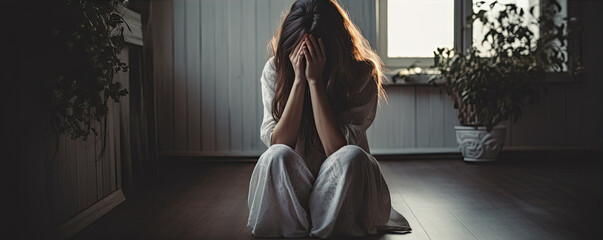 Very sad woman sitting on the floor with hands on her face. Girl crying