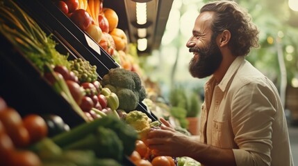 Man is shopping for groceries at the store - obrazy, fototapety, plakaty