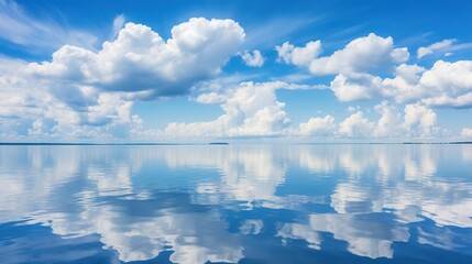  a large body of water with clouds in the sky above it.  generative ai