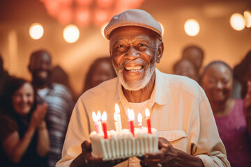 Afro-American elderly man holding a birthday cake with lots of candles, celebrating a birthday in a retirement village, cheerful crowd in a background out of focus