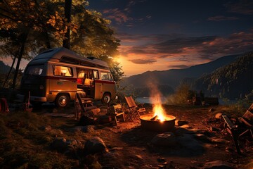 camping van parked in a beautiful natural setting, campfire clear night sky,Generated with AI