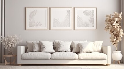 Frame mockup on interior background, room in light pastel colors, white sofa with pillows
