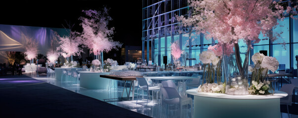 Corporate or firm event in party evening cocktail style. Empty chairs and bar.