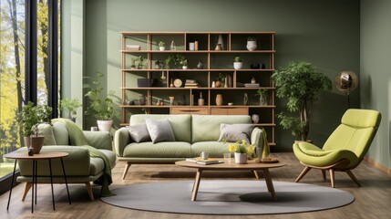 Interior of modern cozy scandi living room in green tones. Stylish sofas and armchair, wooden coffee table, carpet, rack, houseplants, panoramic window. Contemporary home design. 3D rendering.
