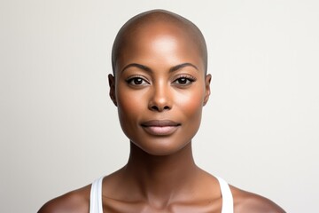 Black bald woman look camera on grey background close up studio portrait - 649749377
