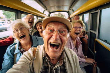 Cheerful old people from retirement village taking a selfie in the bus on excursion