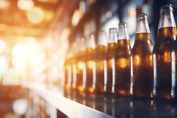 Blurred cooling beers on fridge shelf with defocused night scene in bar or pub. Generative AI