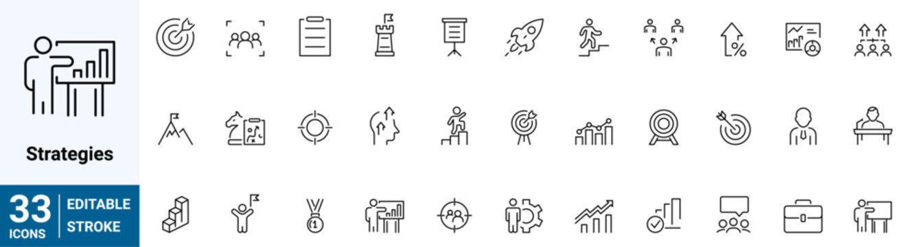 Business Strategy web icons in line style. Strategy, startup, teamwork, people, plan, payment, management, target, employee, infographic. Icon collection. Vector illustration.