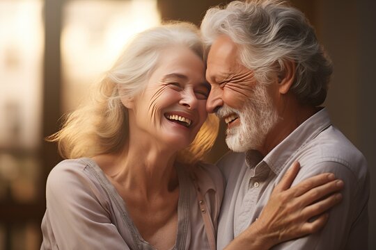 Elderly Couple's Happiness: A middle-aged senior married couple shares a sincere laugh while cuddling,Generated with AI