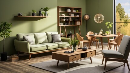 Interior of modern cozy scandi living room in green tones. Stylish sofa and armchair, wooden coffee table, carpet, rack, dining area, panoramic window. Contemporary home design. 3D rendering.