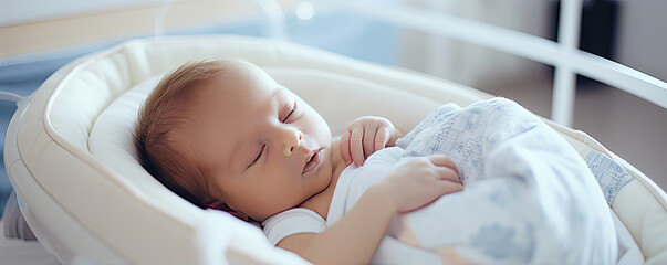 Newborn baby laying in bed. - obrazy, fototapety, plakaty