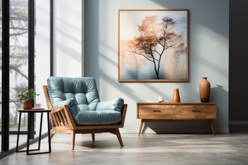 Blue armchair near wooden long coffee table against of white wall with big art canvas poster frame. Mid-century interior design of modern living room. 