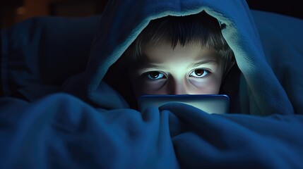 Little boy is using a smartphone in a dark room under the blanket
