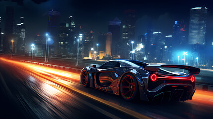 A Sports Car On A Road With Lights And City Skyline In The Background
