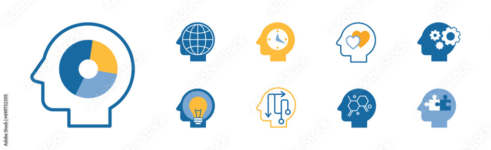 Sticker Head with Brain as Icon of Imagination and Mind Power Vector Set