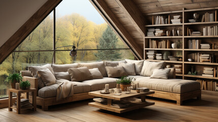 Corner sofa and rustic coffee table against wood lining wall with book shelves, scandinavian home interior design of modern living room in attic.
