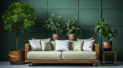 Cozy wooden sofa with white cushions near dark green wall. Side table with house plant and potted tree. Scandinavian interior design of modern stylish living room. 