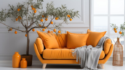 Cozy sofa with orange cushions near white wall with curtain against window. Scandinavian style home interior design of modern living room