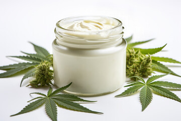 Obraz na płótnie Canvas Trendy Natural Cosmetic and Beauty Product for Body and Face Care with Hemp leaf extract Jar of Face Cream and Hemp Marijuana Leaves on a white marble background.