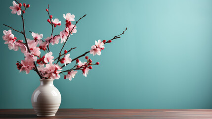 Beautiful pink cherry blossoms in a pink vase against a blue background.