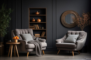 Elegant dark living room with two grey armchairs, bookshelf, round mirror, and copper accents.