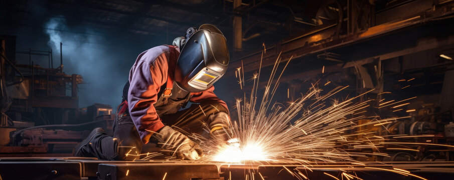 Woman welder in protective workwear in industrial factory.