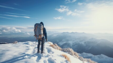 Fototapeta na wymiar Hiking at the top of a snowy mountain