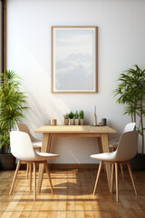 Home workplace, wooden chair and desk near white wall with poster. Interior design of modern living room