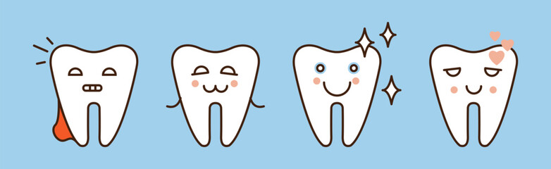 Funny Little Tooth Icon with Face on Blue Background Vector Set