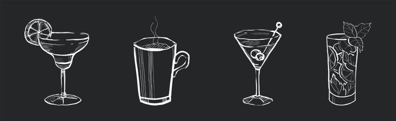 Drink and Beverage in Sketch Style Drawn with Chalk on Black Background Vector Set