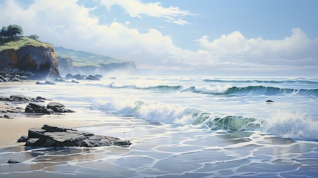  a painting of a beach with waves coming in to shore.  generative ai