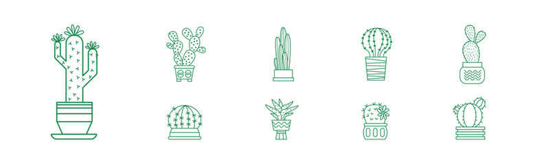 Cactus Indoor Houseplant Growing in Pot Line Icon Vector Set