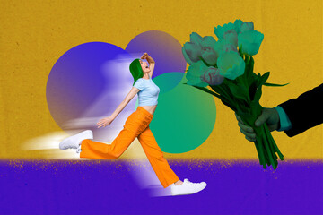 Exclusive photo cadre collage 3d magazine of running funky young attractive woman searching her...