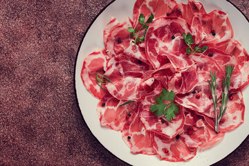 sliced cured ham, prosciutto, italian dish, delicacy, parma ham, top view, no people,
